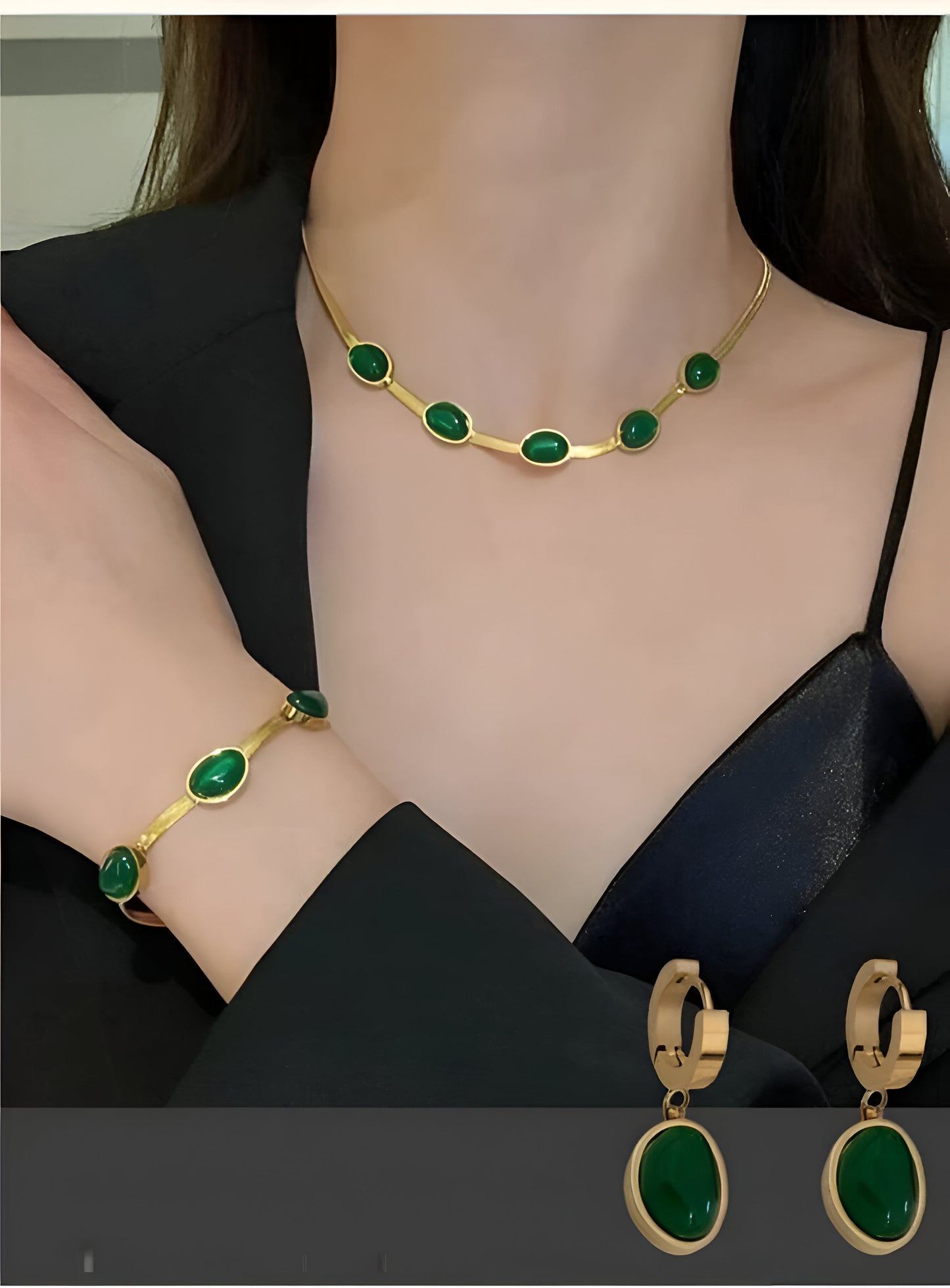 Green Crystal Oval Pendant Gold Jewelry Set - Necklace & Bracelet
