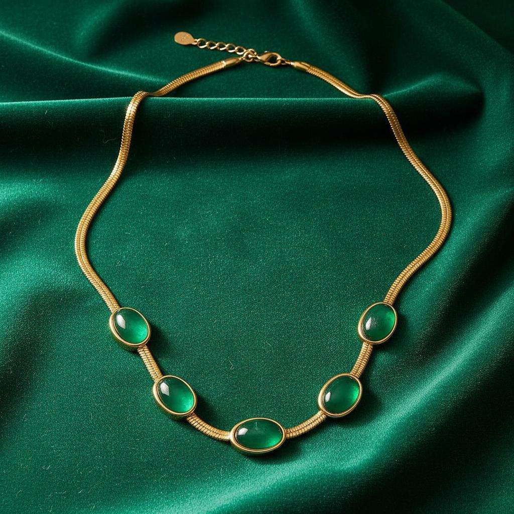 Green Crystal Oval Pendant Gold Jewelry Set - Necklace & Bracelet